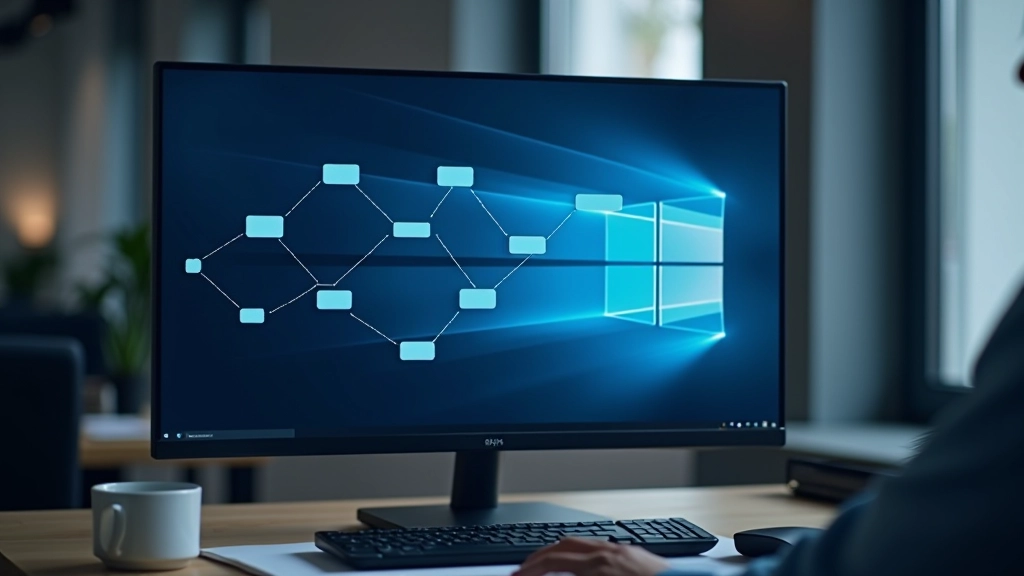 Dators ar blokķēdes diagrammu ekrānā, pelēka biroja fona