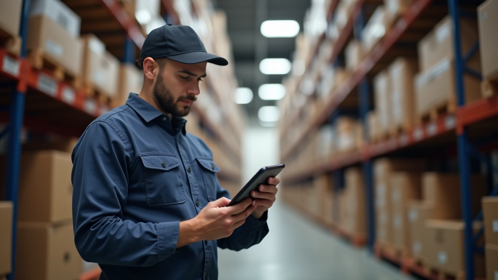 Noliktava ar produktiem, darbiniekiem un digitāliem skaitītājiem, kas rāda piegādes ķēdes informāciju
